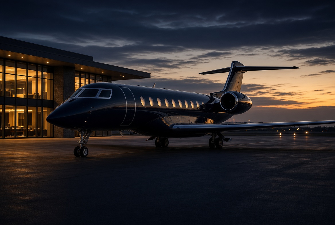 Midsize jet at a private terminal at dusk